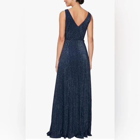 Alex Evenings Navy Blue Sleeveless V-Neck Long A-line, Formal Gown Wedding Guest - Picture 3 of 5